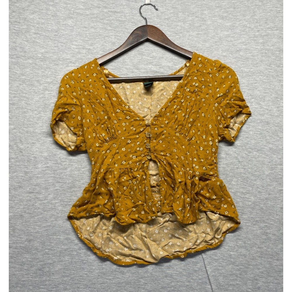 Wild Fable Peplum Crop Top Womens Small Mustard Yellow Ditsy Floral Smocked Back